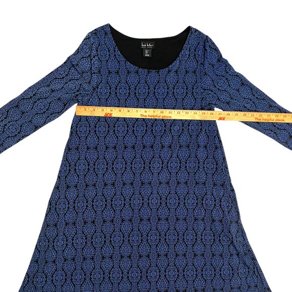 Nicole Miller New York Black Blue Print 3/4 Sleeve Shift Swing Dress Size Small - Picture 5 of 9
